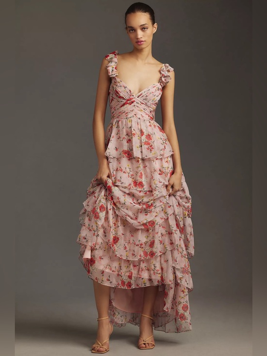 Anthropologie Dresses & Skirts - Anthropologie Mac Duggal Pink Floral Tiered Ruffle Maxi Dress size 4